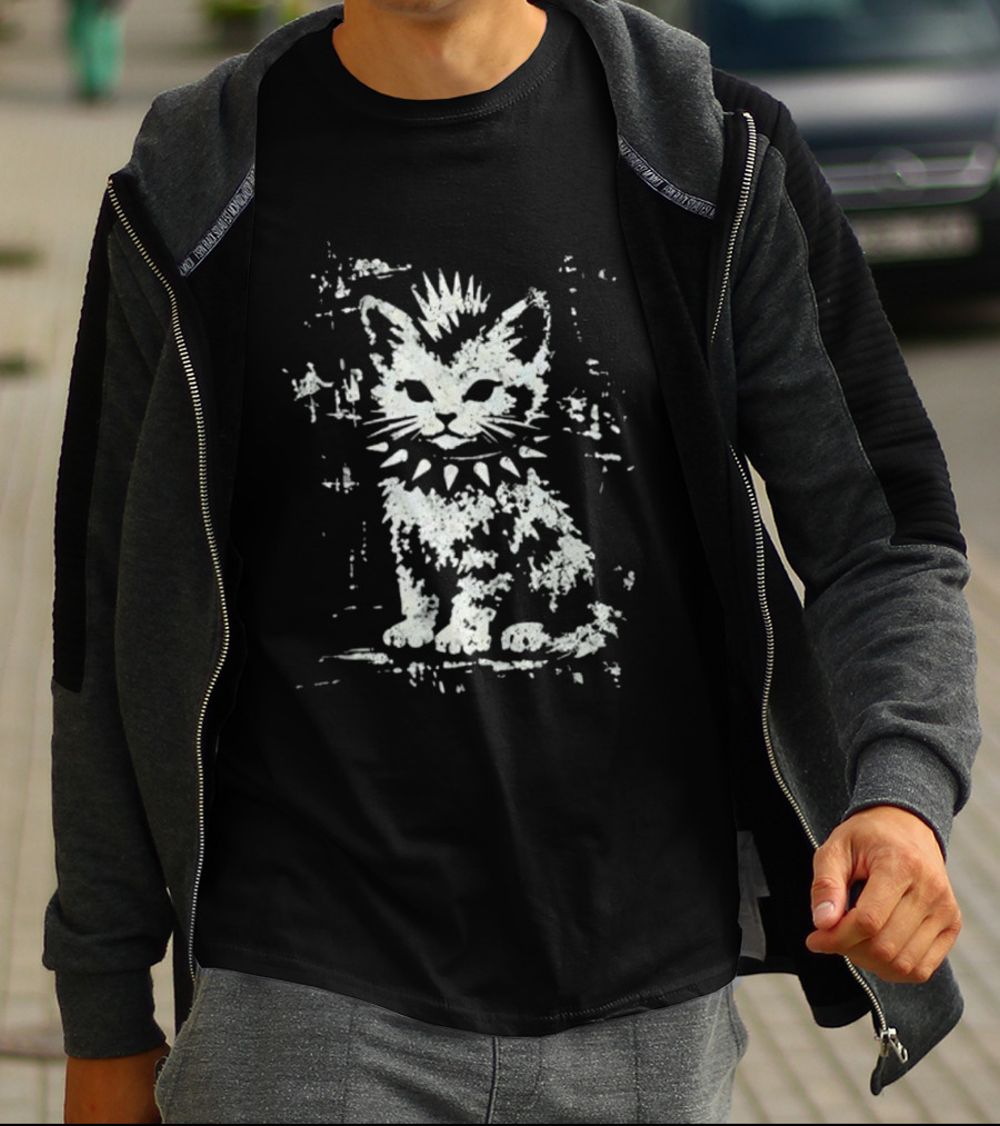 Punk Rock Cat Mohawk And Studded Collar T-Shirt