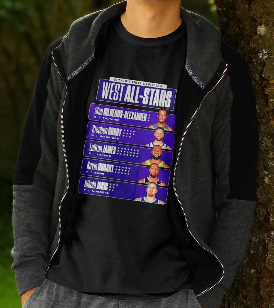 Starting Lineup West All Stars Shai Gilgeous Alexander Stephen Curry LeBron James Kevin Durant Nikola Jokic T-Shirt