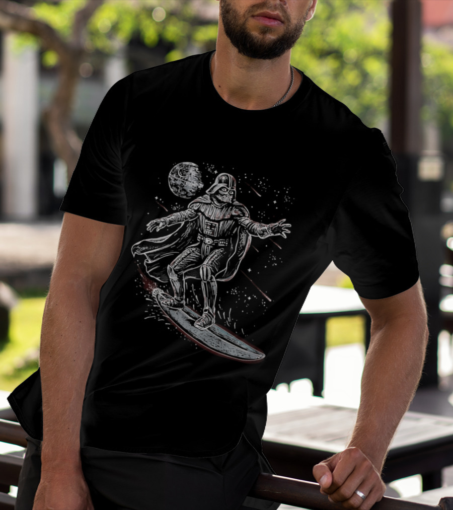Vader Surfing Through The Galaxy Lord Of The Swell Retro Space Adventure T-Shirt