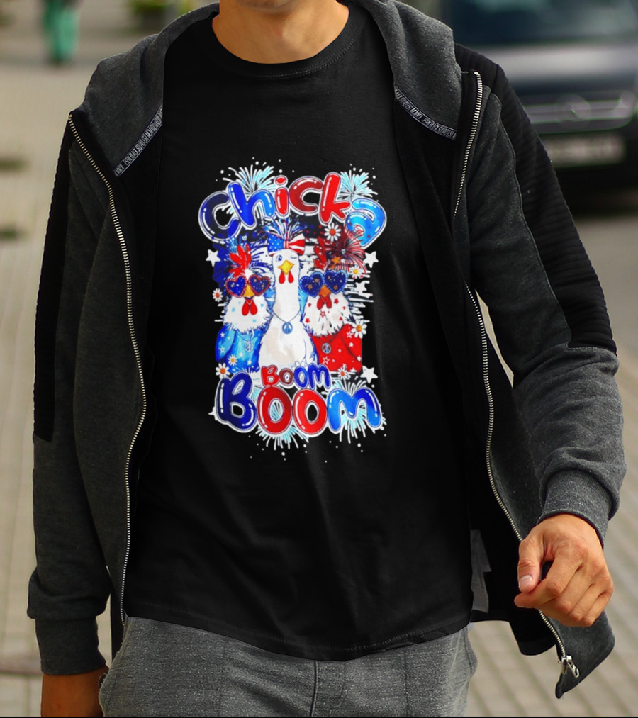 Chicka Boom Boom Patriotic Chickens With Headbands And Peace Signs T-Shirt