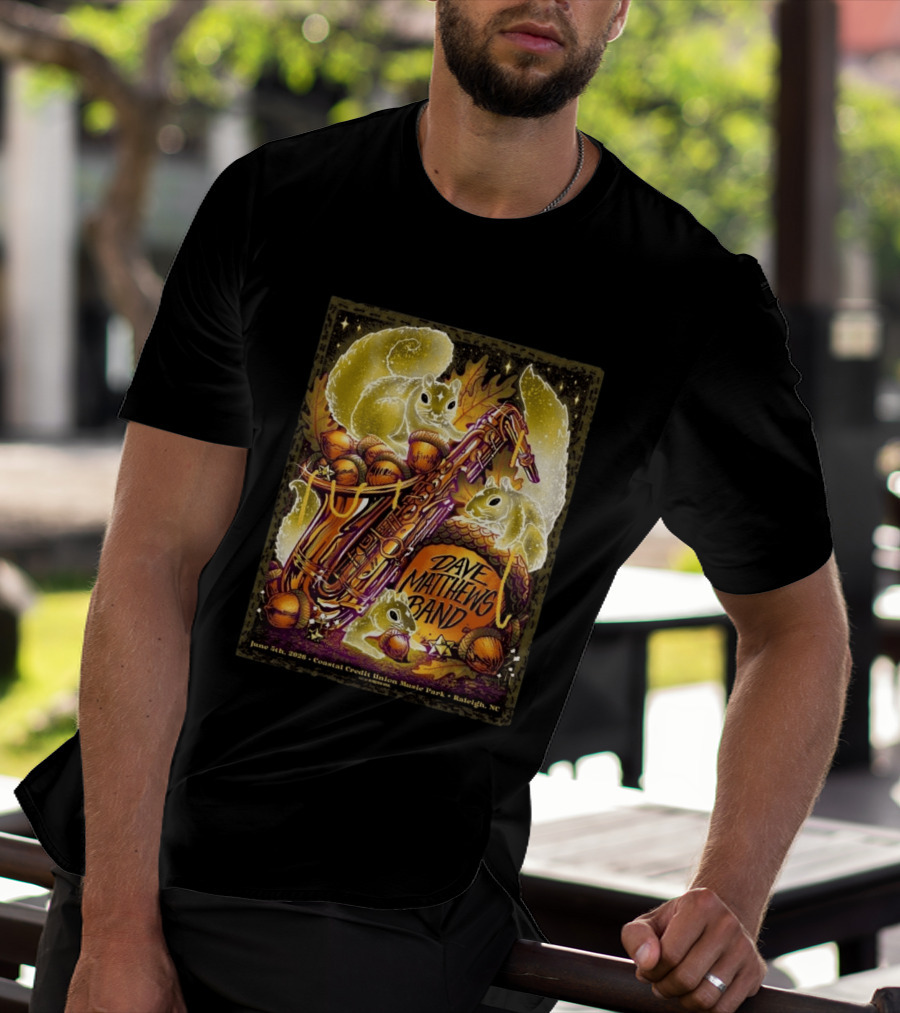 Dave Matthews Band June 5 2026 Coastal Credit Union Music Park Raleigh NC Squirrels Saxophone Acorns T-Shirt