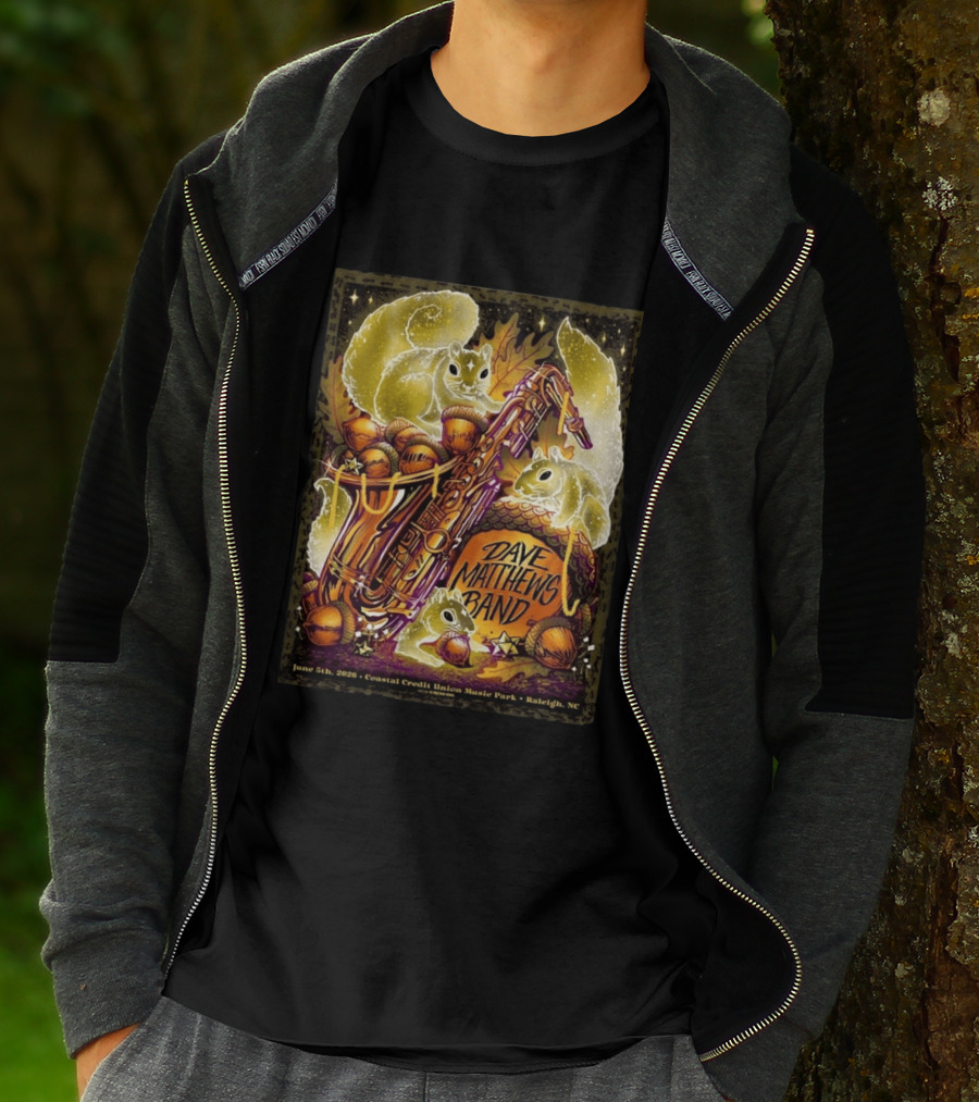 Dave Matthews Band June 5 2026 Coastal Credit Union Music Park Raleigh NC Squirrels Saxophone Acorns T-Shirt