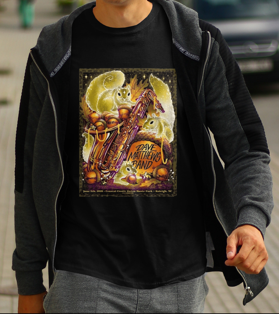 Dave Matthews Band June 5 2026 Coastal Credit Union Music Park Raleigh NC Squirrels Saxophone Acorns T-Shirt