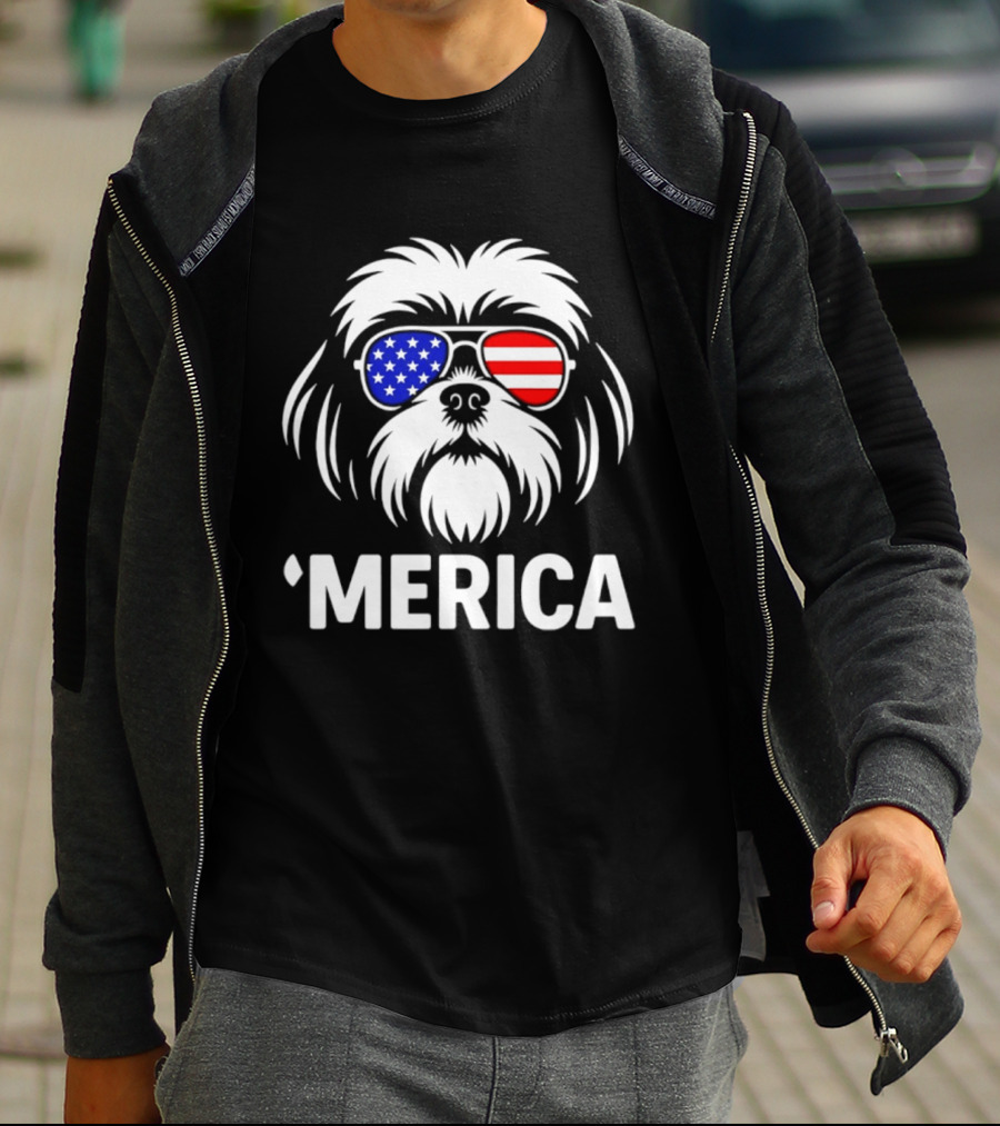 Shih Tzu Dog 'Merica American Flag Sunglasses T-Shirt