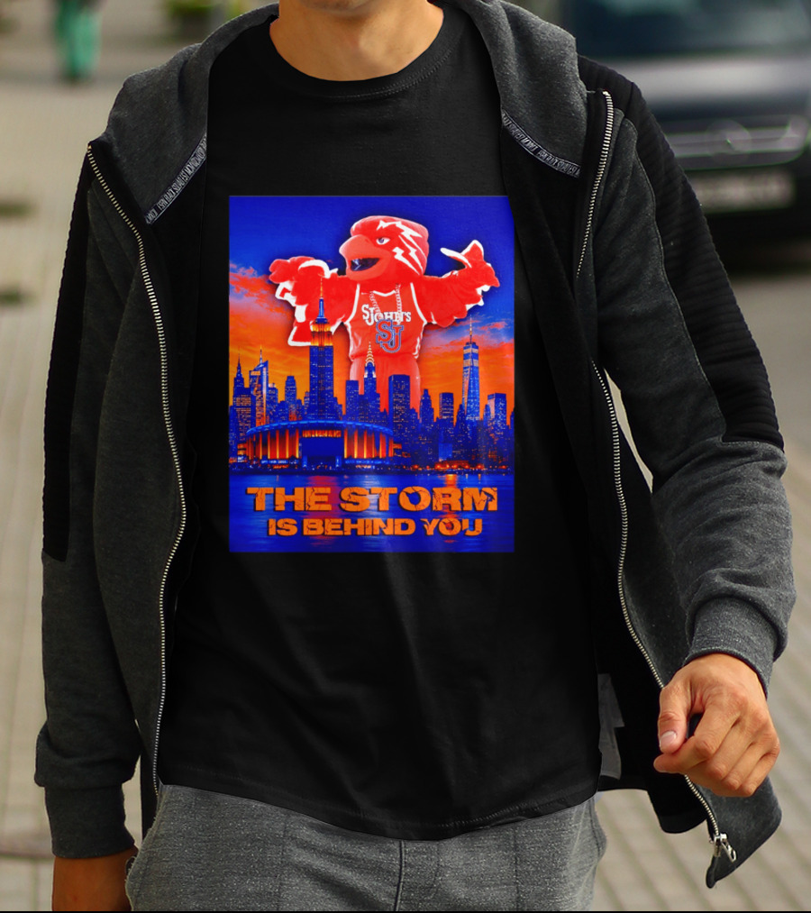 St John's University Red Storm Mascot With New York City Skyline The Storm Is Behind You T-Shirt