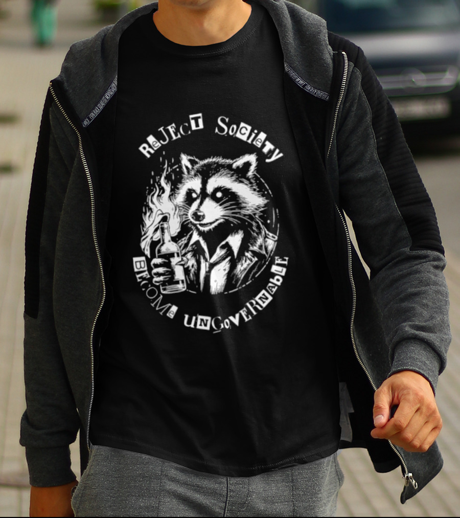 Reject Society Become Ungovernable Raccoon Holding Molotov Cocktail T-Shirt