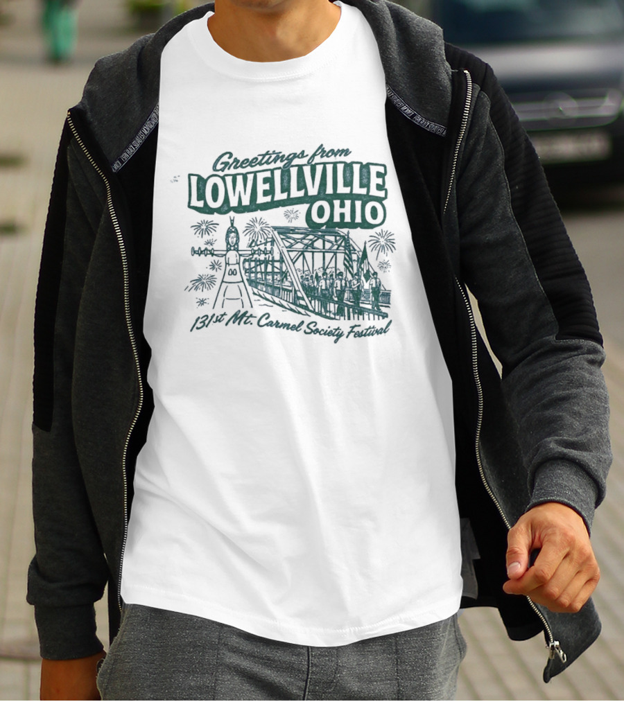 Greetings From Lowellville Ohio 131st Mt Carmel Society Festival Bridge And Bell T-Shirt