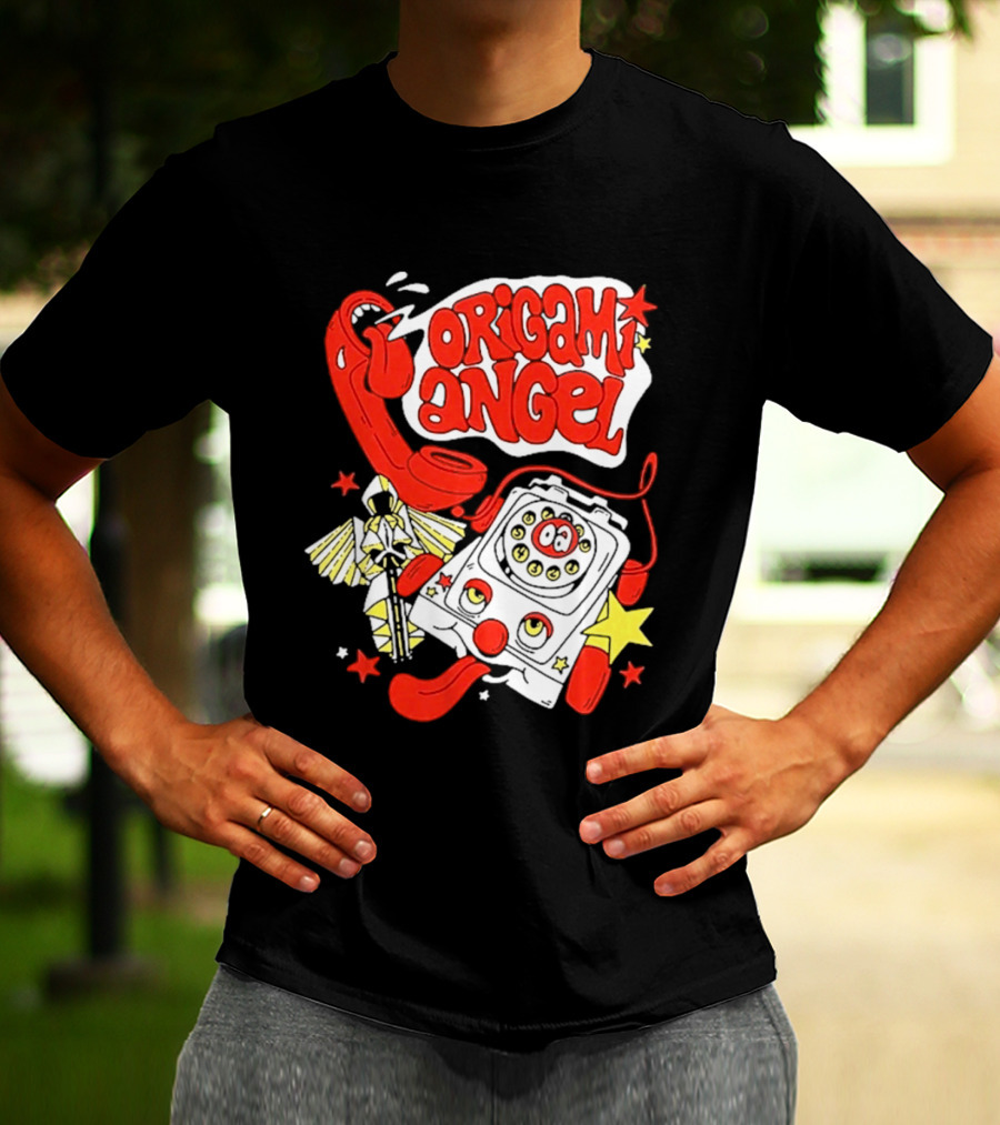 Origami Angel Retro Phone Illustration With Stars And Wings T-Shirt