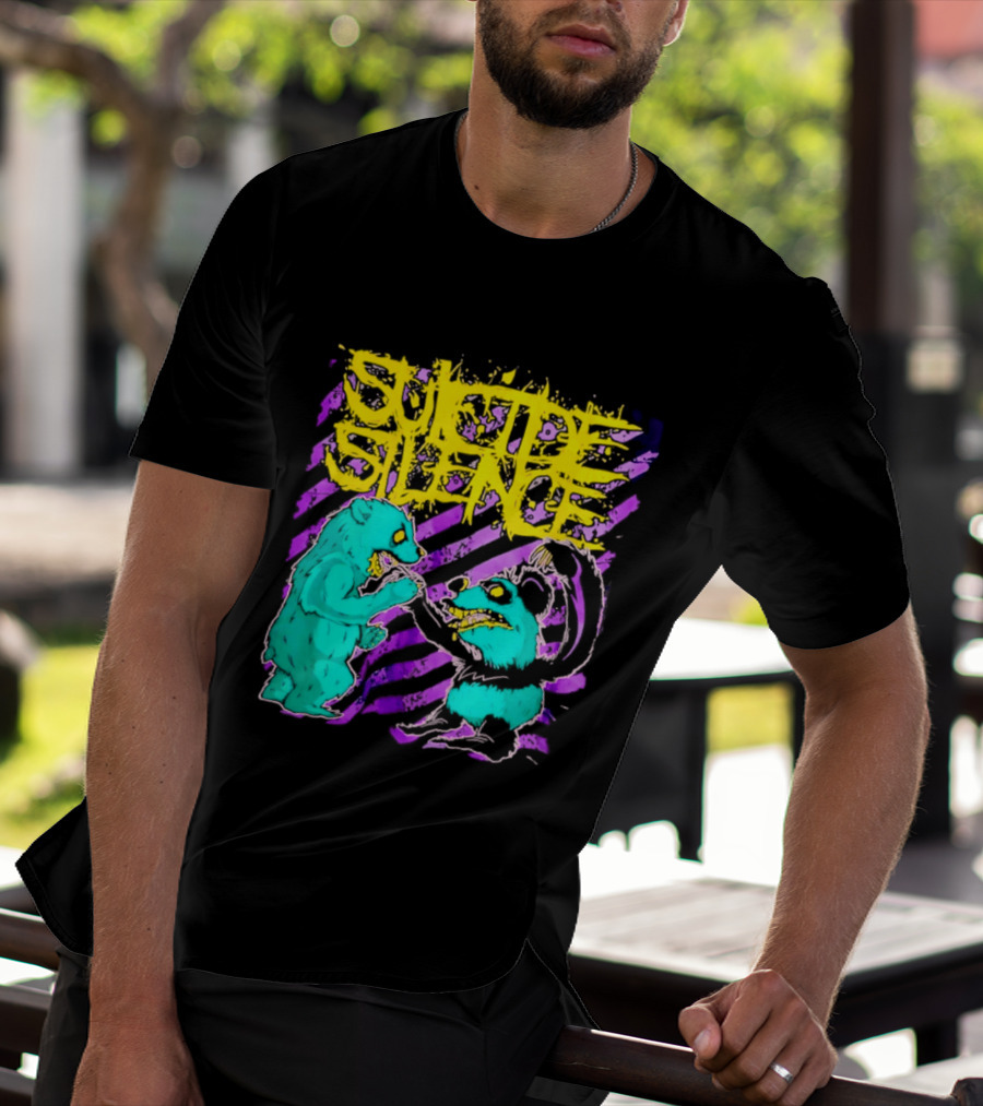 Suicide Silence Bears And Pandas Face Off In Striped Painting T-Shirt