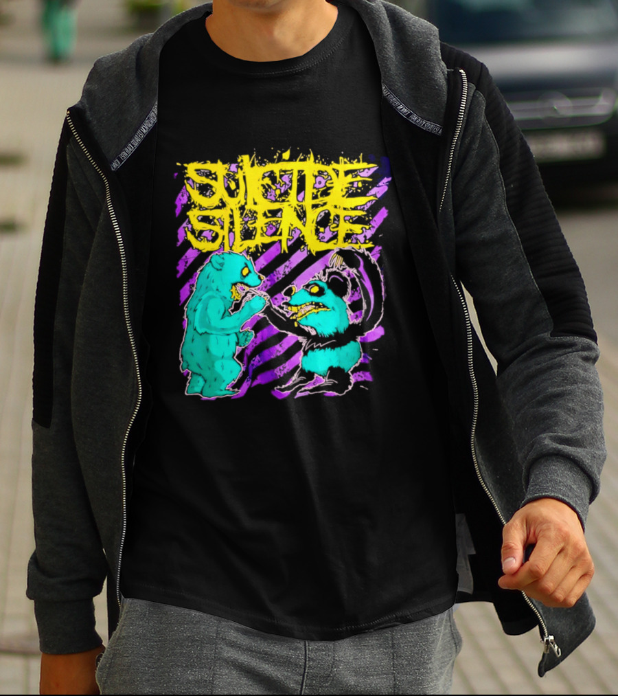 Suicide Silence Bears And Pandas Face Off In Striped Painting T-Shirt