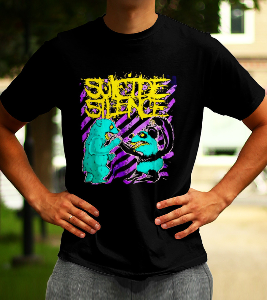 Suicide Silence Bears And Pandas Face Off In Striped Painting T-Shirt