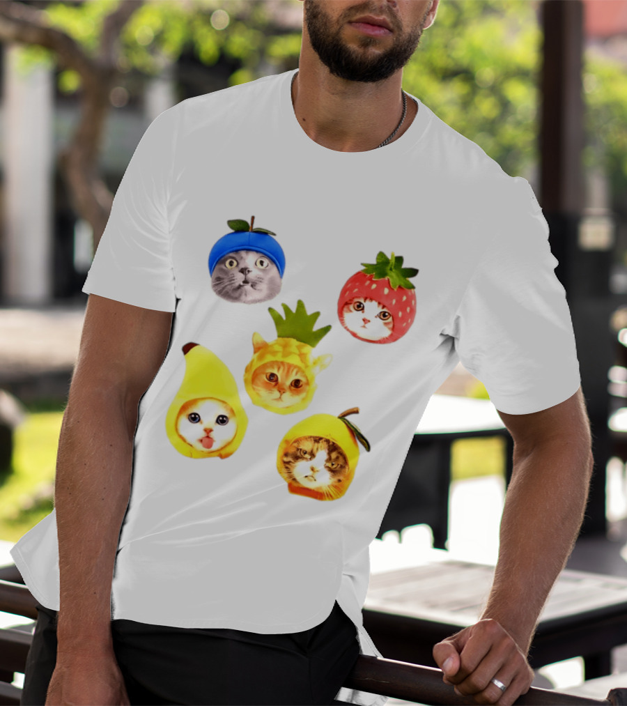Whimsical Cats In Fruit Hats Blueberry Strawberry Pineapple Banana Apple T-Shirt