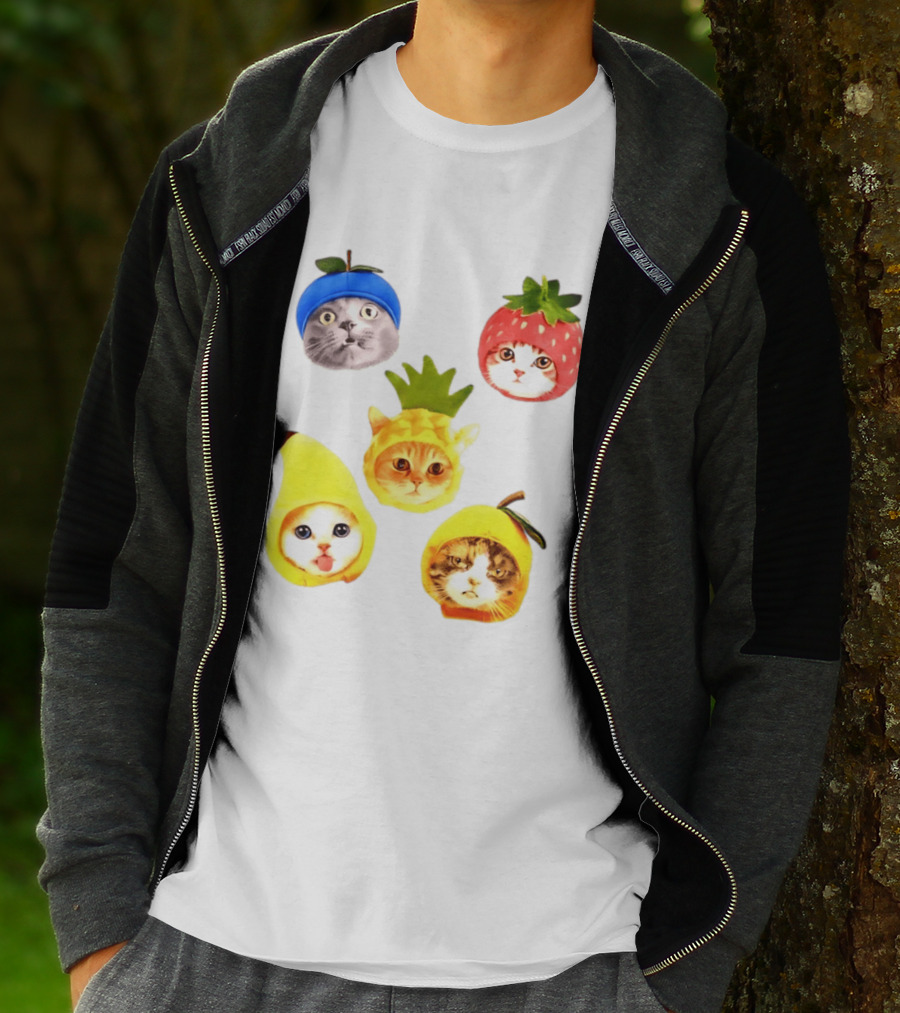 Whimsical Cats In Fruit Hats Blueberry Strawberry Pineapple Banana Apple T-Shirt