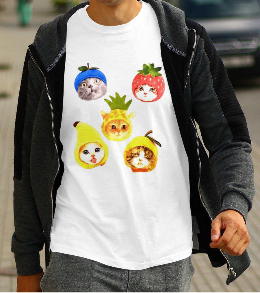 Whimsical Cats In Fruit Hats Blueberry Strawberry Pineapple Banana Apple T-Shirt