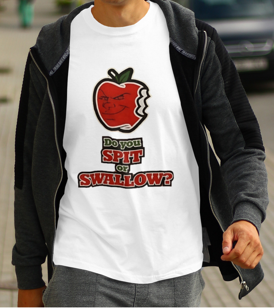 Do You Spit Or Swallow Question With Grinning Apple Bite T-Shirt