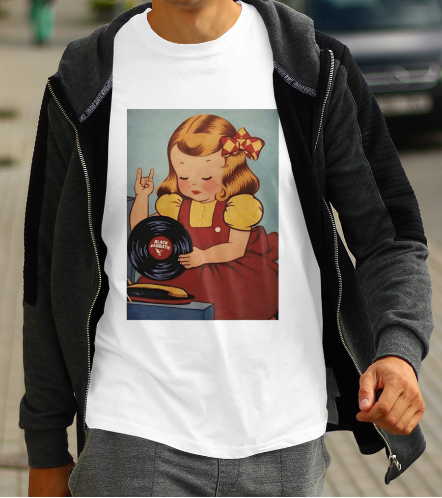Girl Holding Black Sabbath Vinyl Heavy Metal T-Shirt