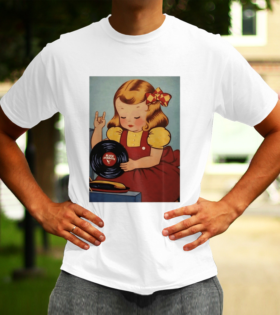 Girl Holding Black Sabbath Vinyl Heavy Metal T-Shirt