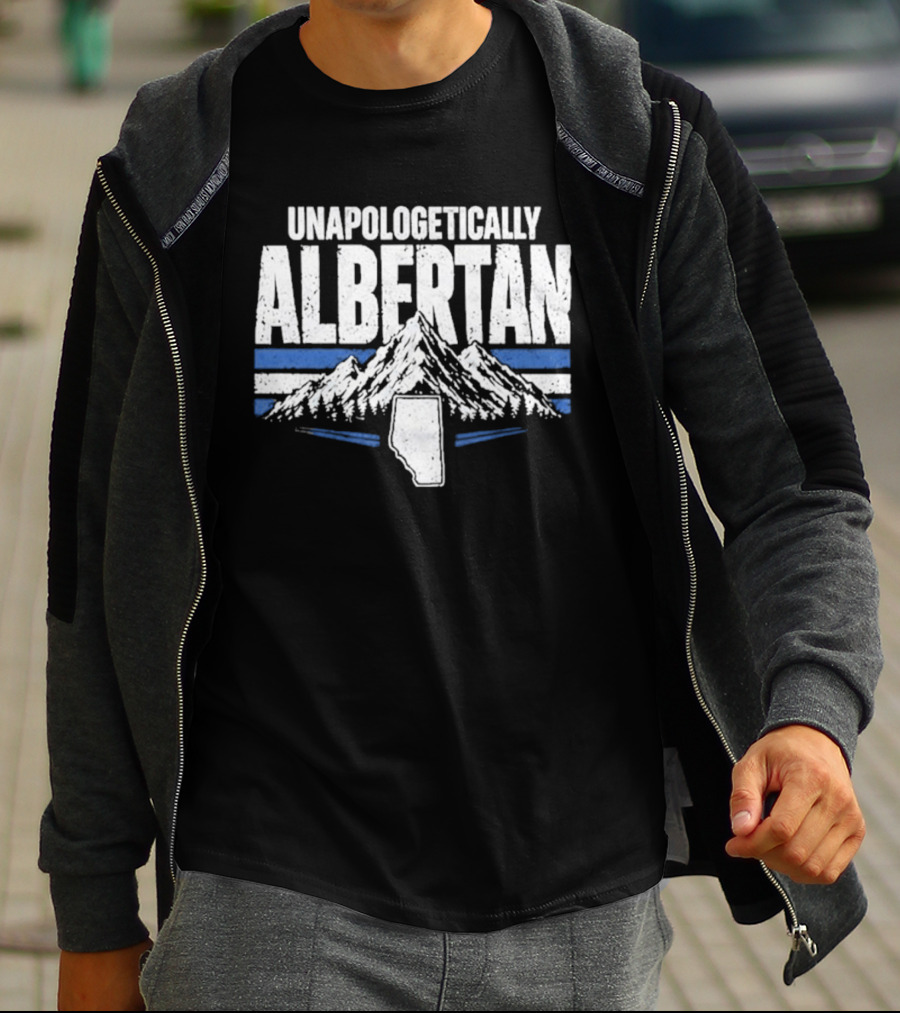 Unapologetically Albertan Alberta Map Mountains Stripes T-Shirt