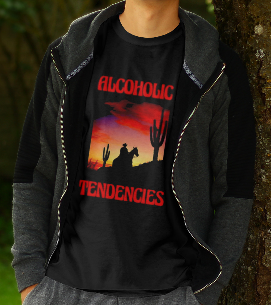 Alcoholic Tendencies Cowboy Desert Sunset Cactus Scene T-Shirt