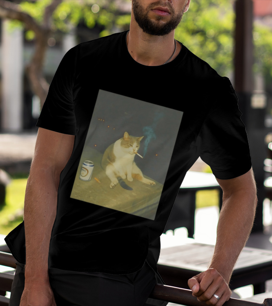 Depressed Cat Smoking Cigarette Meme With Beer Can T-Shirt