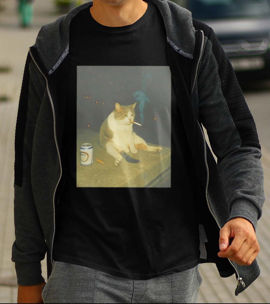 Depressed Cat Smoking Cigarette Meme With Beer Can T-Shirt
