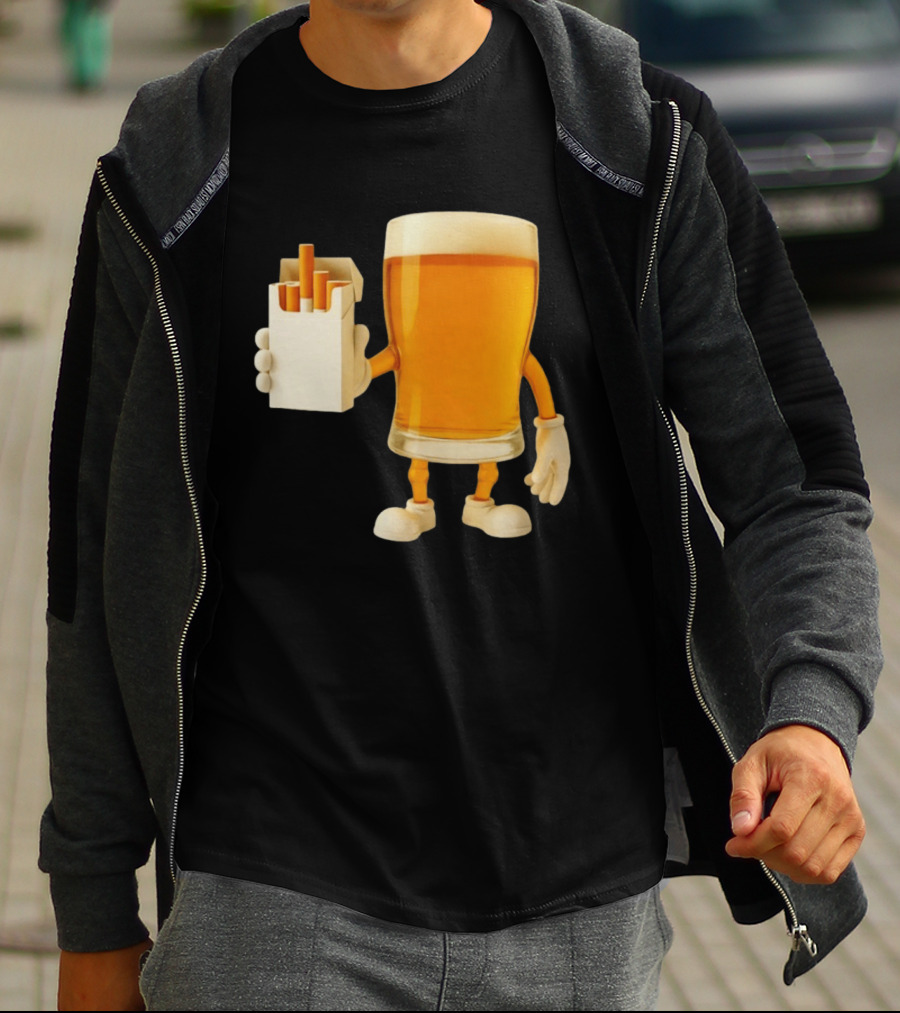 Beer Glass Holding Cigarettes Funny Drunk Cigs T-Shirt