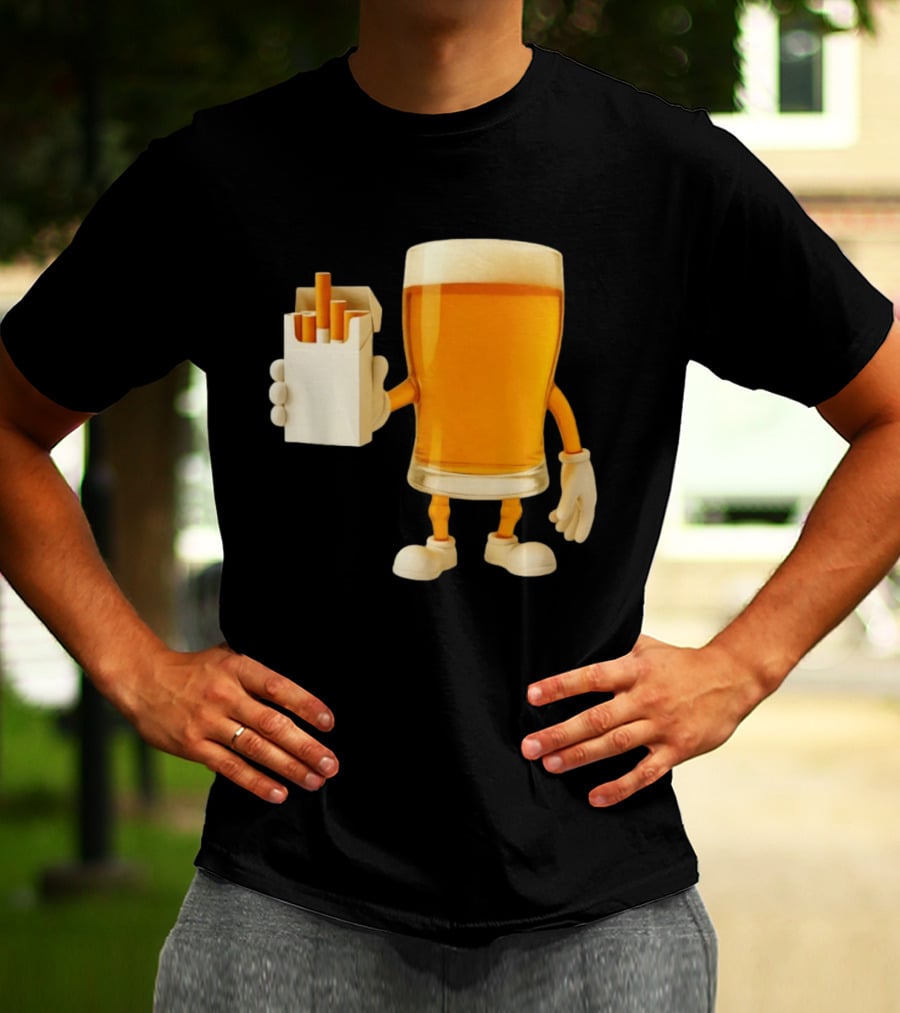 Beer Glass Holding Cigarettes Funny Drunk Cigs T-Shirt