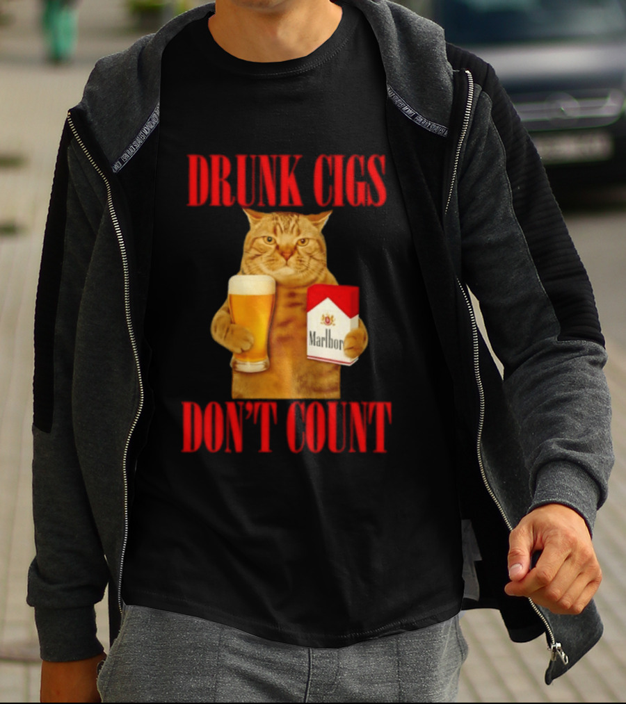 Drunk Cigs Don't Count Cat With Beer And Cigarette Pack T-Shirt