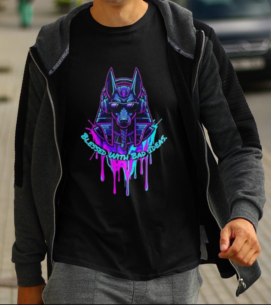 Blessed With Bad Ideas Anubis Headphones Neon Egyptian Mythology T-Shirt