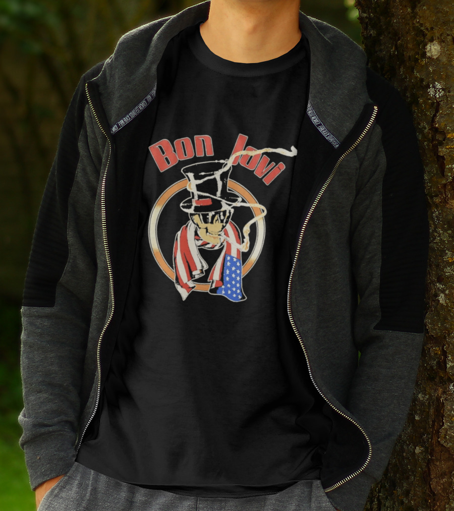 Bon Jovi American Skull With Patriotic Top Hat And Flag Scarf T-Shirt