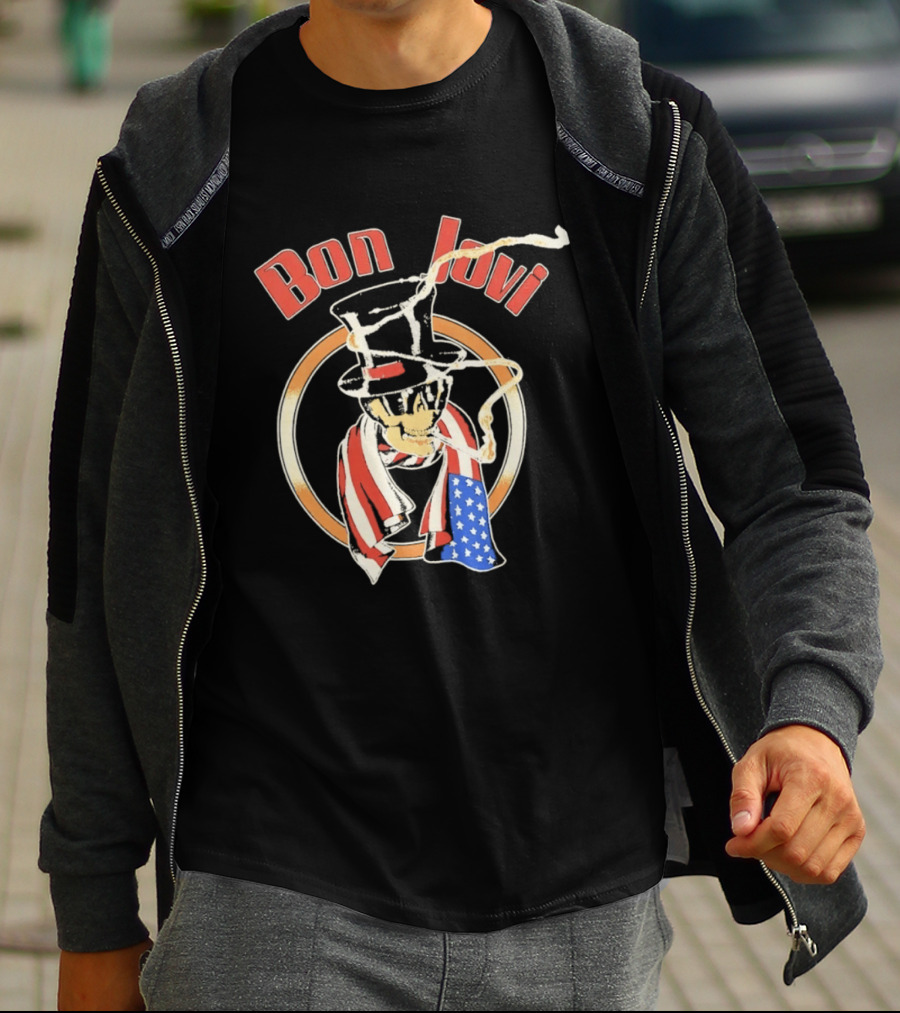 Bon Jovi American Skull With Patriotic Top Hat And Flag Scarf T-Shirt