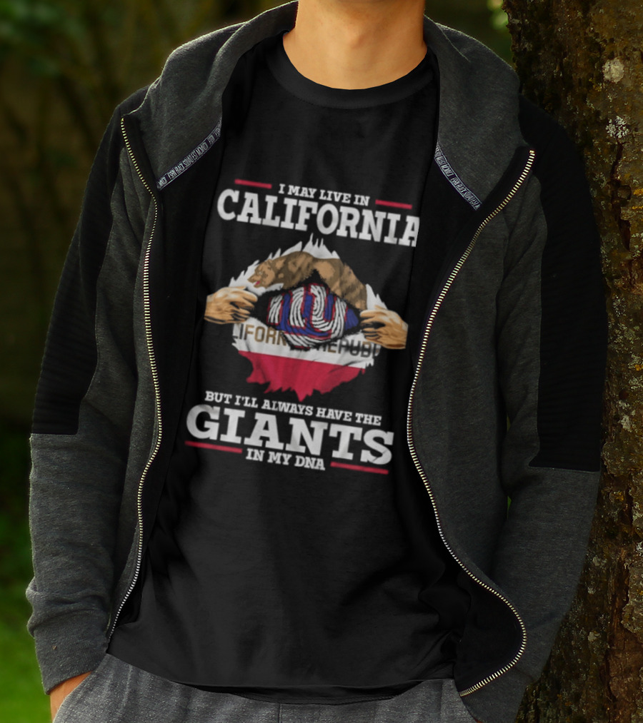 I May Live In California But I'll Always Have The Giants In My DNA NY Giants California Flag Fusion T-Shirt
