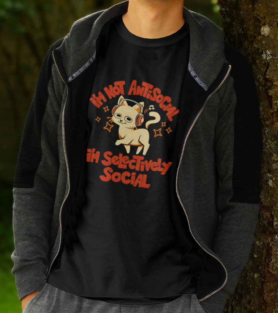 I'm Not Antisocial I'm Selectively Social Cat With Headphones T-Shirt