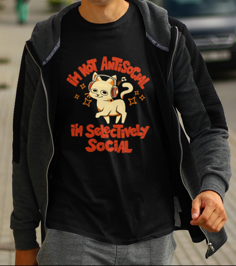 I'm Not Antisocial I'm Selectively Social Cat With Headphones T-Shirt