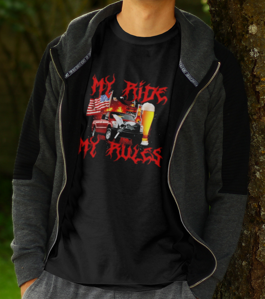 My Ride My Rules American Flag Truck And Beer T-Shirt