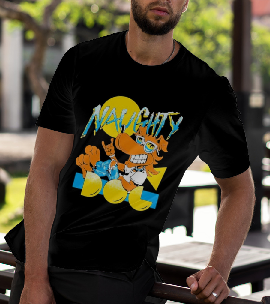 Naughty Dog Retro Cartoon Character With Sunglasses And Sunburst T-Shirt