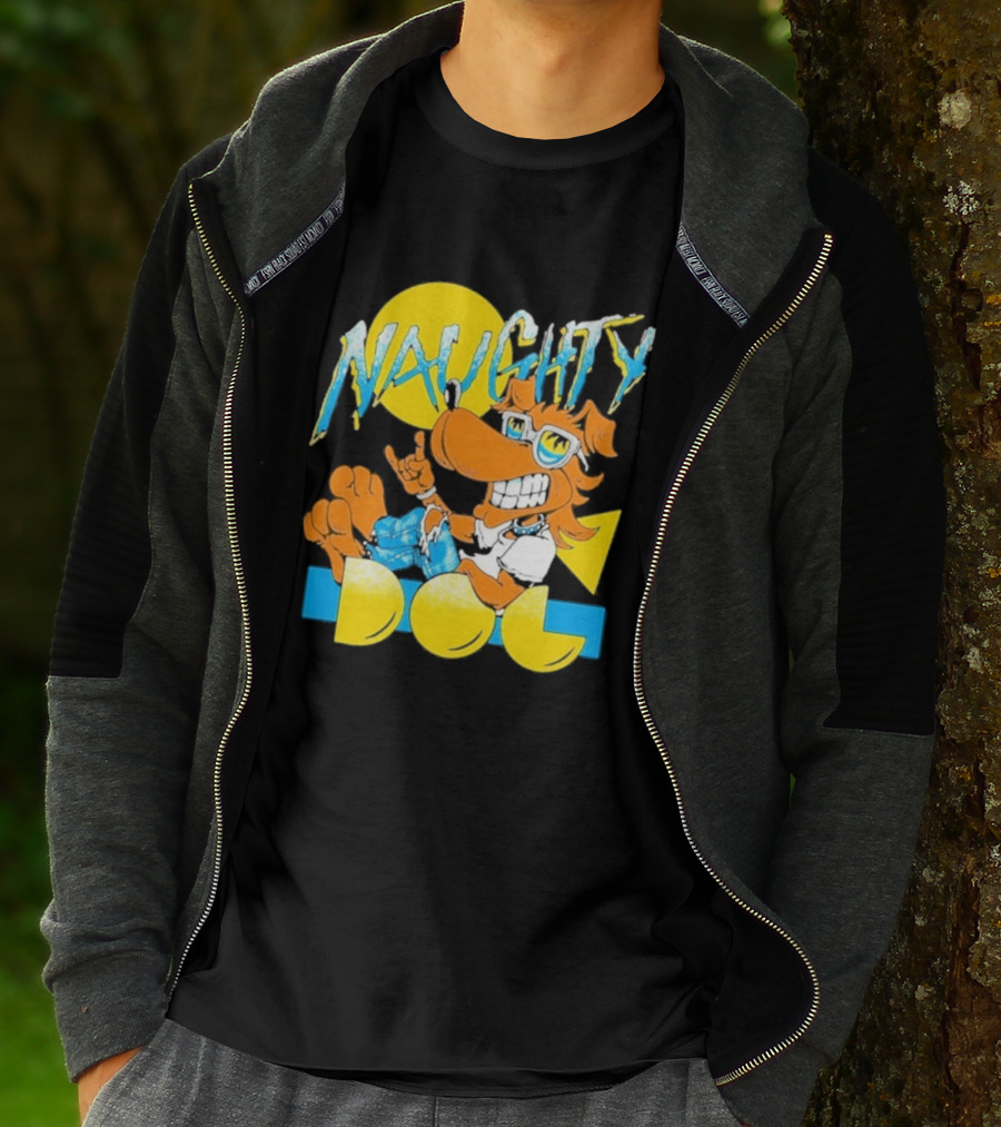 Naughty Dog Retro Cartoon Character With Sunglasses And Sunburst T-Shirt