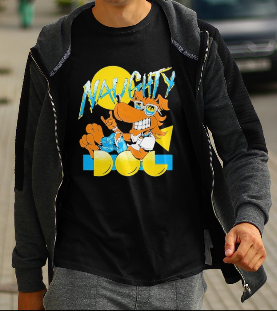 Naughty Dog Retro Cartoon Character With Sunglasses And Sunburst T-Shirt