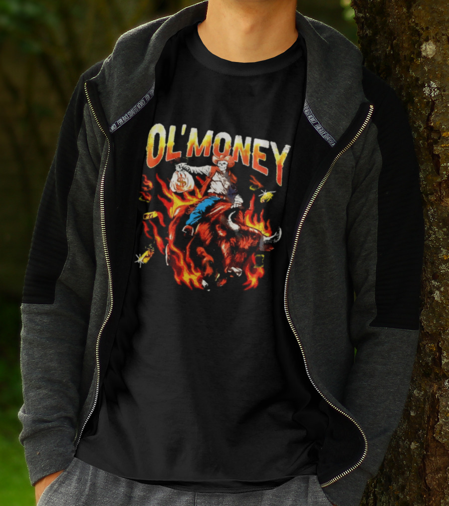 Ol' Money RSN Brand Skeleton Cowboy Riding Flaming Bull T-Shirt