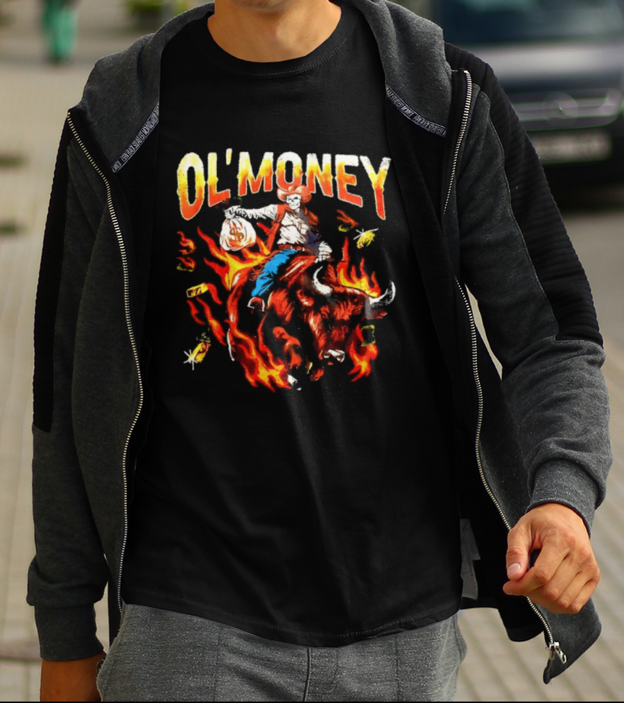 Ol' Money RSN Brand Skeleton Cowboy Riding Flaming Bull T-Shirt