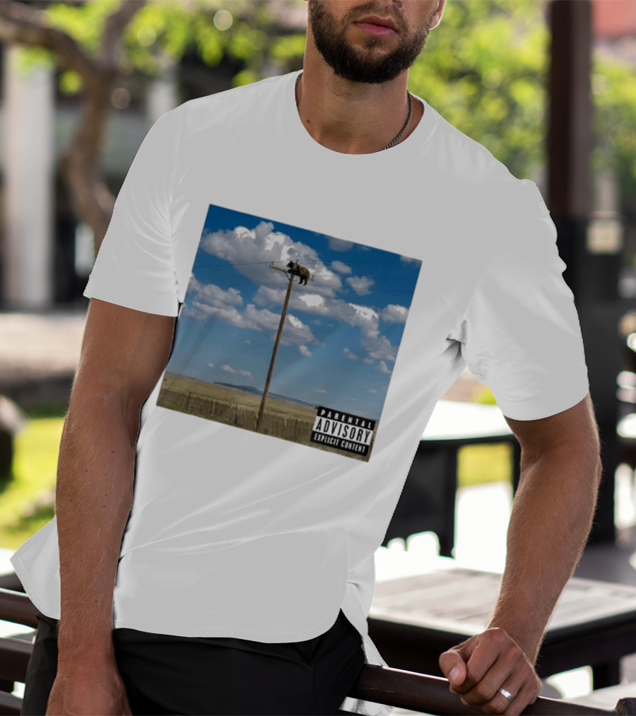 Bear On Top Of The Light Pole Parental Advisory Explicit Content Clouds Sky T-Shirt
