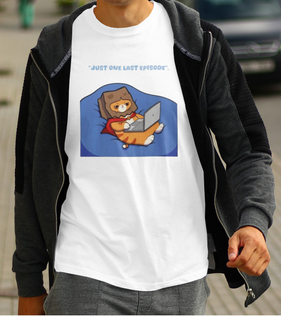 Cat Relaxing With Laptop Wearing Paper Bag Just One Last Episode T-Shirt