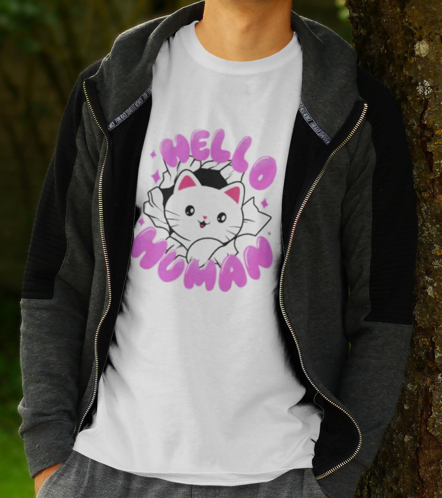 Hello Human Kawaii Cat Kitten Cute Pink T-Shirt