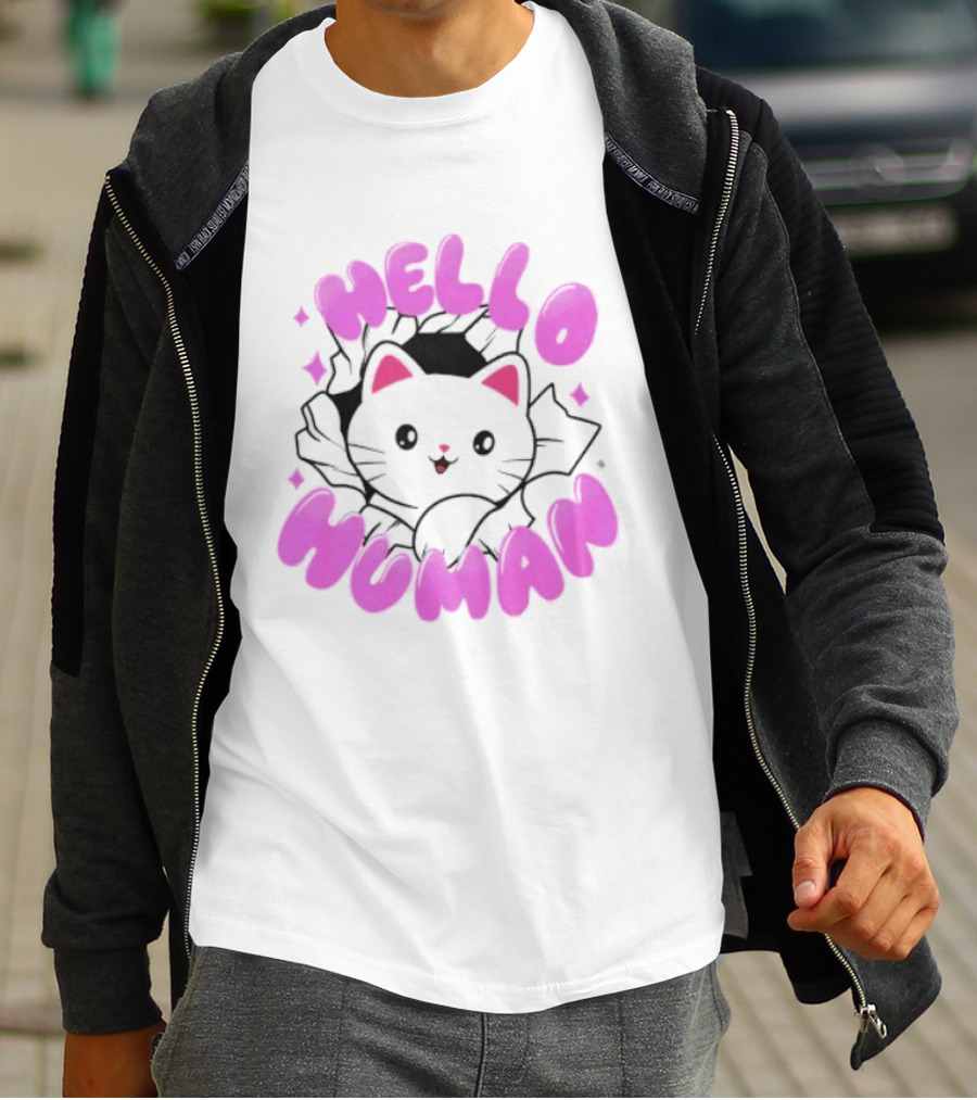 Hello Human Kawaii Cat Kitten Cute Pink T-Shirt