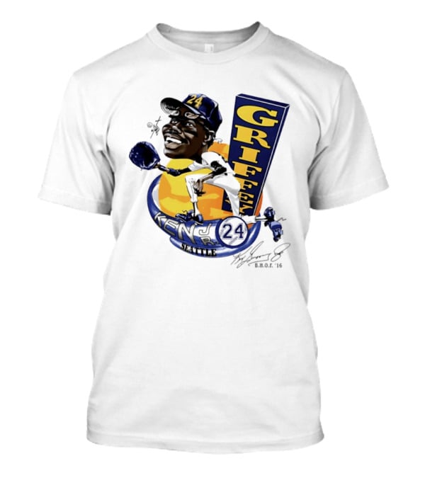 Ken Griffey Jr 24 Seattle Baseball Caricature Bruce Stark Signature T-Shirt