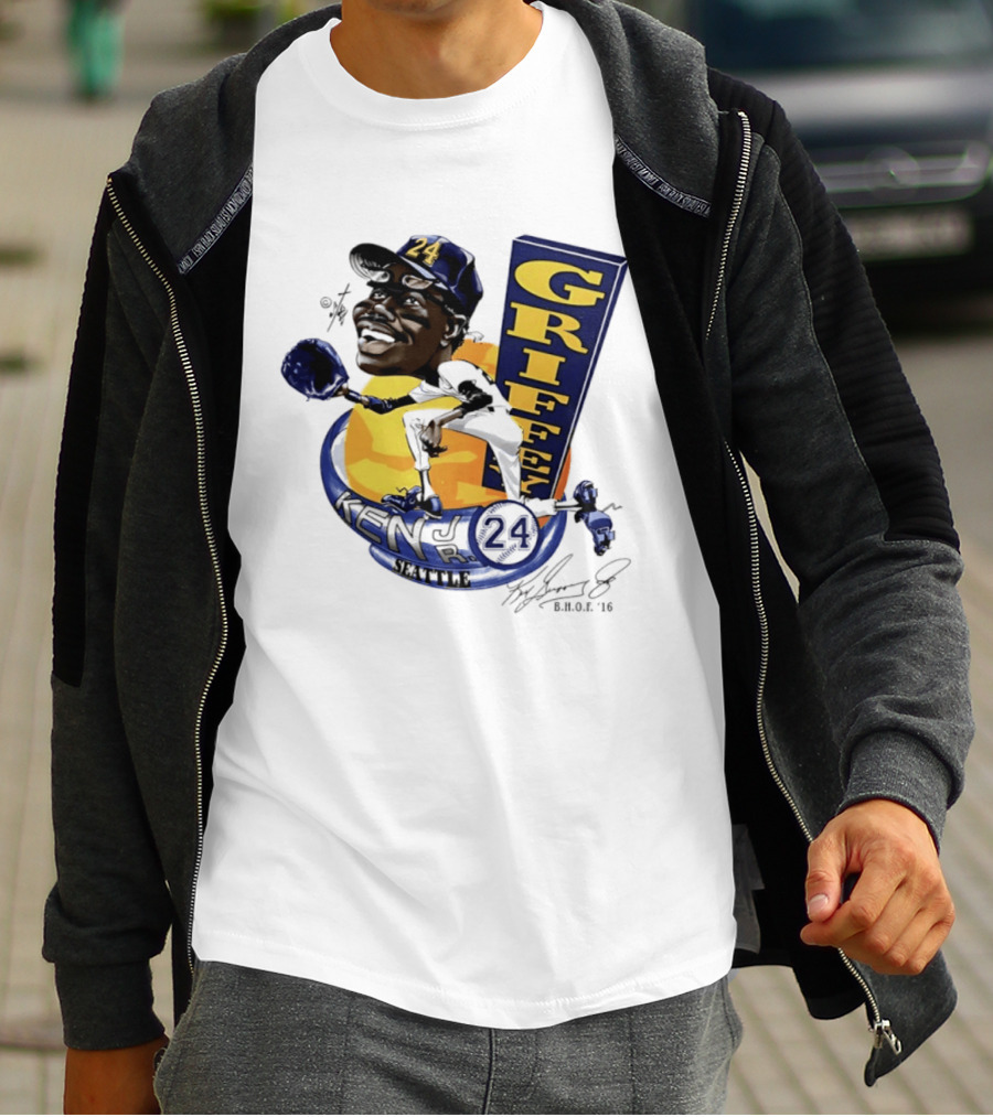 Ken Griffey Jr 24 Seattle Baseball Caricature Bruce Stark Signature T-Shirt