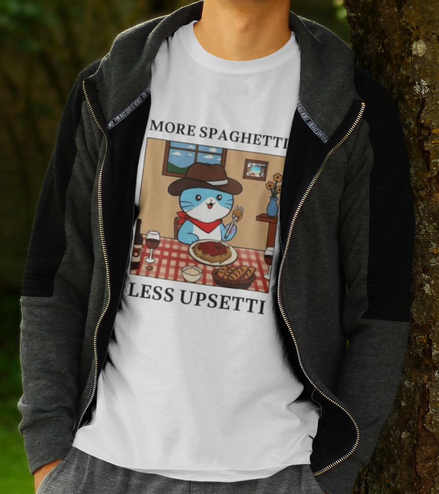 More Spaghetti Less Upsetti Cowboy Cat Eating Pasta With Wine And Bread T-Shirt