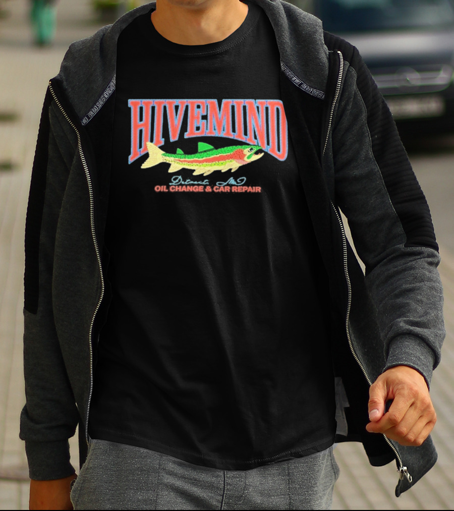 Hivemind Oil Change And Car Repair French Terry Stitched Fish T-Shirt