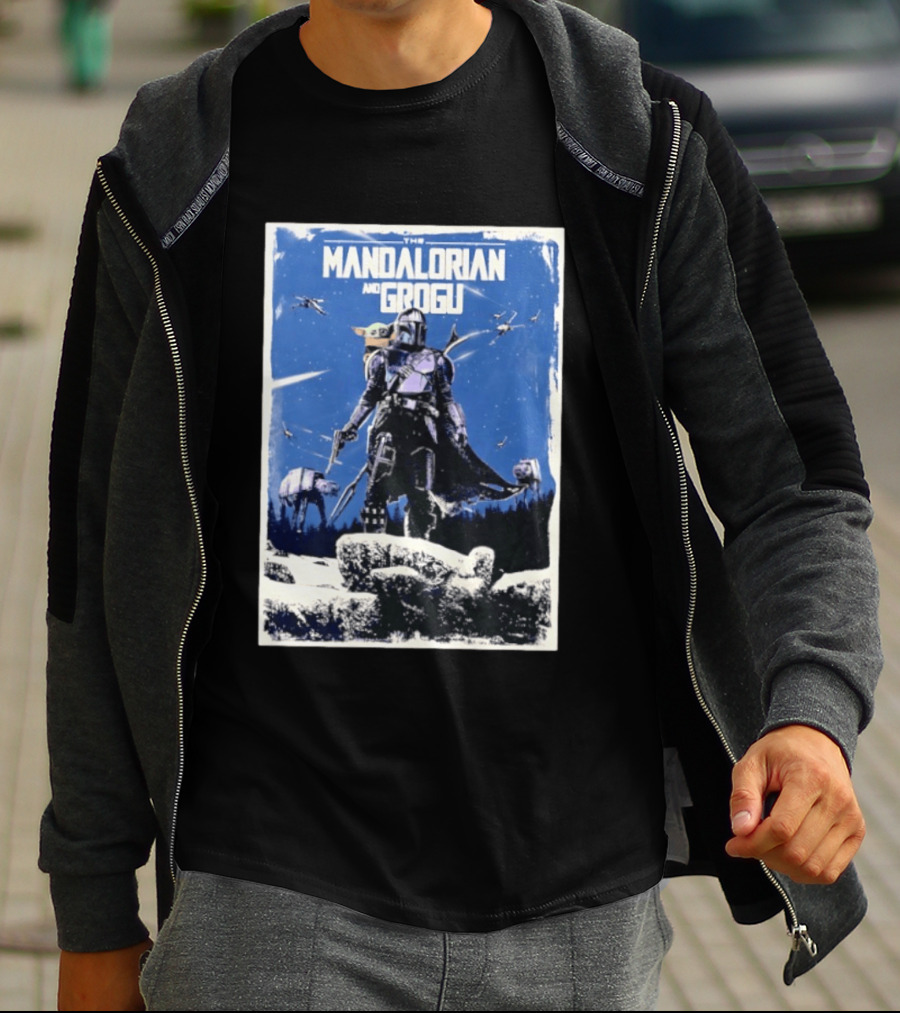 The Mandalorian And Grogu Star Wars Baby Yoda Scene With AT AT And X Wings T-Shirt