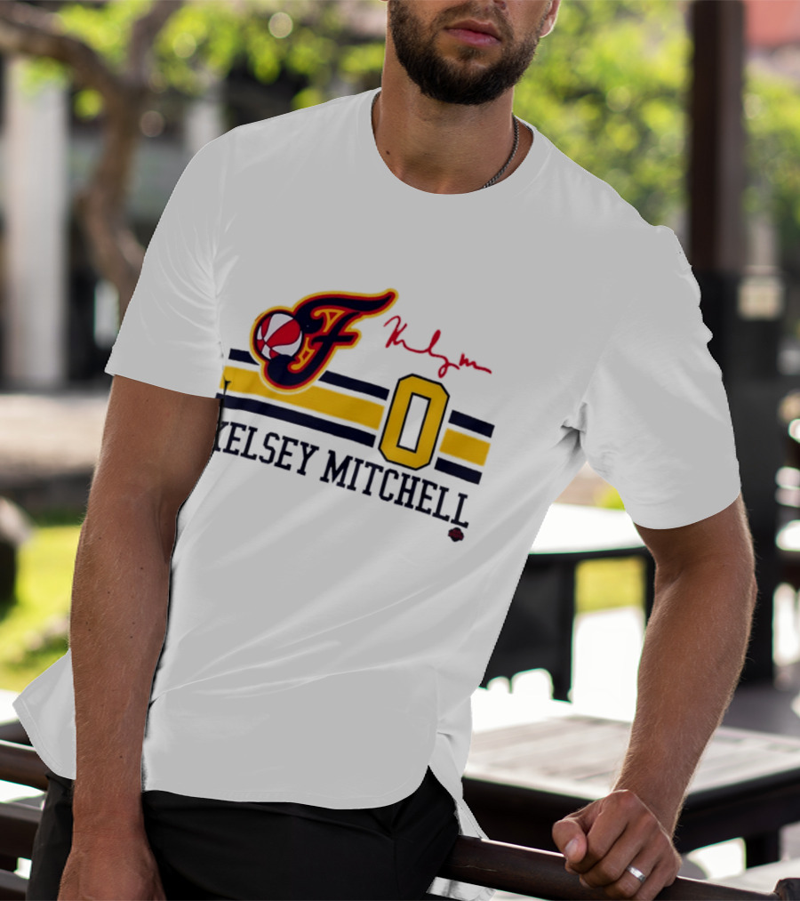 Kelsey Mitchell Indiana Fever No. 0 F Logo And Signature T-Shirt